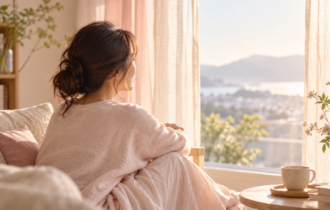 淡いピンクの服を着た女性が、やわらかな日差しの入る窓辺で静かに外を眺めているイメージ