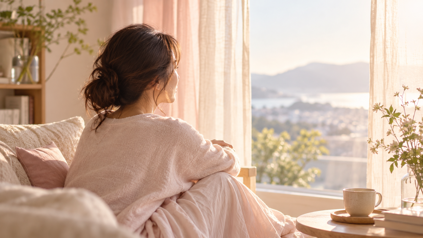 淡いピンクの服を着た女性が、やわらかな日差しの入る窓辺で静かに外を眺めているイメージ